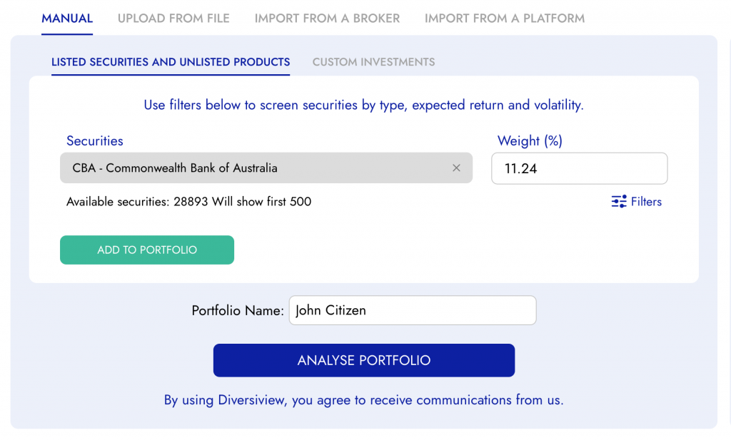 Upload or Import Your Portfolio to Diversiview portfolio performance software